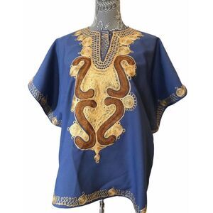 Vintage Womens Bohemian Blue‎ Embroidered Caftan Shirt S M L